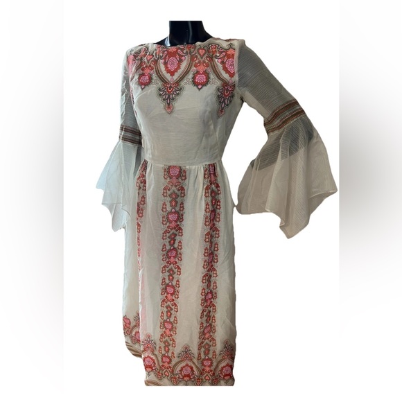 Alfred Shaheen Ivory Floral‎ Maxi Boho Wedding Dress No Belt VTG 70s Sz 10 Small - Picture 1 of 14